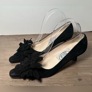 Emma Hope Black Suede Heel W/‎ Flower & Square Toes, Size 7.5/8 (US) 38 (IT).